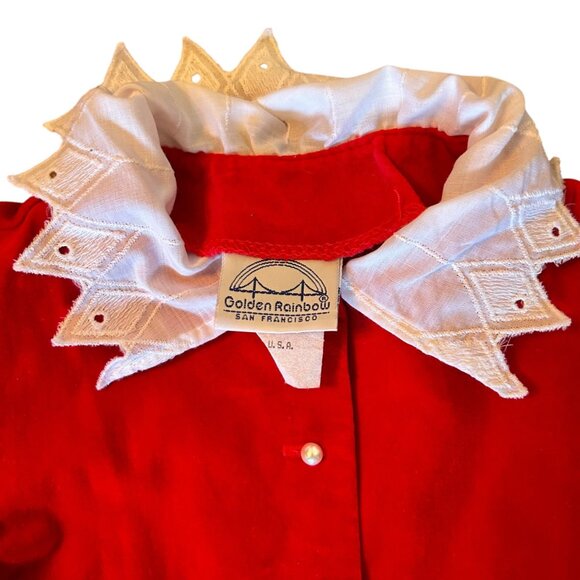 Vintage Golden Rainbow Cherry Red Velvet Modest Dress Eyelet Embroidered Collar - Picture 4 of 5